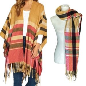 WOOLRICH Justine Cozy Blanket‎ Wrap Scarf OSFA Fall Shawl Red Tan Plaid Fringe